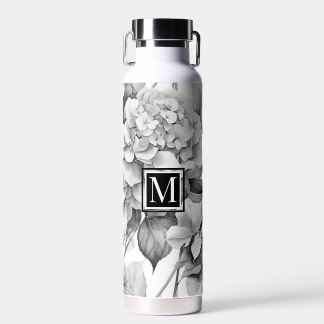 Elegant, weiß, grau, schwarz, blumenfarben trinkflasche (Vorne)