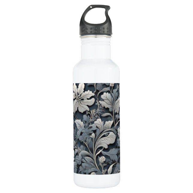 Elegant, weiß, grau und blumenreich edelstahlflasche (Vorderseite)