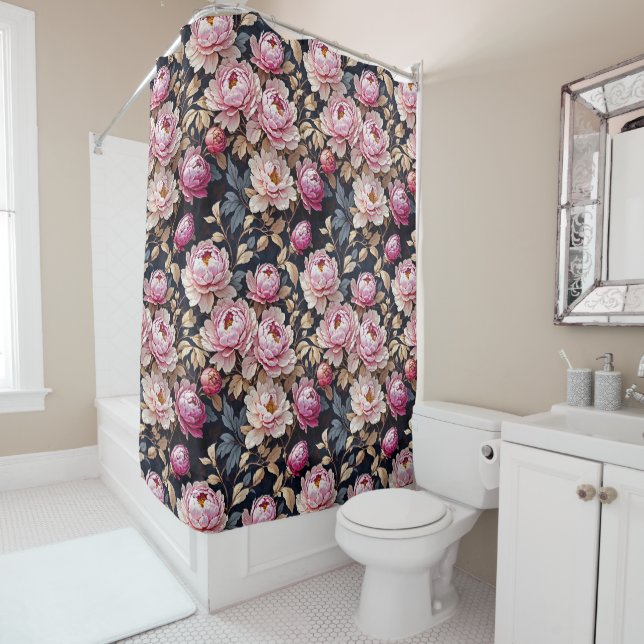 Elegant Welcome Blush Pink Peony Floral Black Duschvorhang (Beispiel)