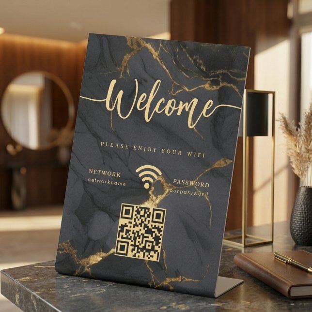 Elegant Welcome Script WIFI Agate Black Marble Sockelschild (legant Welcome Script WIFI Agate Black Marble Pedestal Sign)