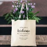 Elegant Welcome Wedding Hotel Guest Fevor Black Tragetasche<br><div class="desc">Elegante, klassische Hochzeitsgartentasche mit schicker Optik in schwarz auf einem transparenten Hintergrund, der das natürliche Material und die Farbe zeigt. Dieses moderne, einfache Design bietet zeitlose, klassische Eleganz. Personalisieren Sie die Namen des Paares und das Veranstaltungsdatum in eleganter Schrift und Schrift. Diese sind eine perfekte Begleitung für jede Hochzeitsfeier, um...</div>