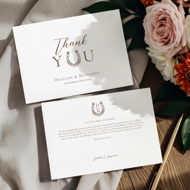 Elegant Western Rustic Wedding Horseshoe Monogram  Dankeskarte (Elegant Western Rustic Wedding Horseshoe Monogram Thank You Card)