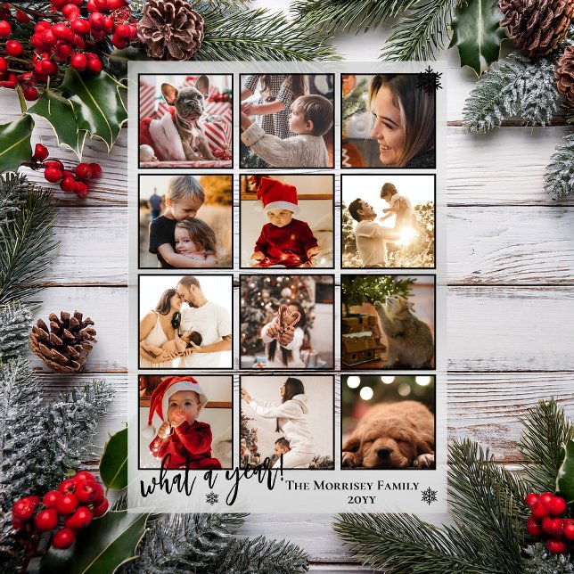 Elegant What A Year 12 Photo Snowflakes Acryleinladungen ("What A Year!" Snowflakes Black Framed 12 Photo Christmas Holiday Acrylic Card)