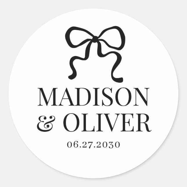 Elegant Whimsical Black Bow Monogram Wedding Runder Aufkleber (Vorderseite)