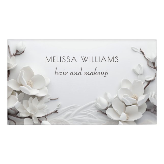 Elegant White 3D Magnolia Namenschild (Vorderseite)