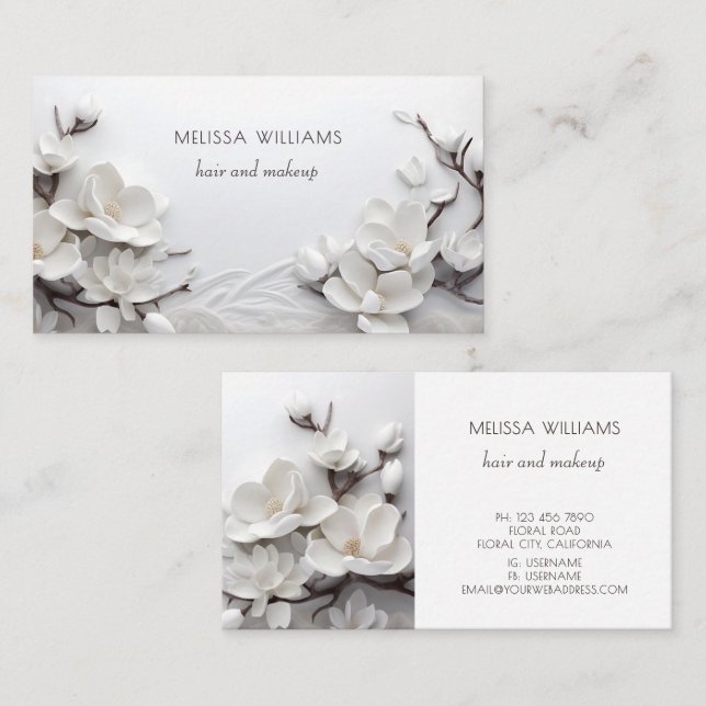 Elegant White 3D Magnolia Visitenkarte (Vorne/Hinten)