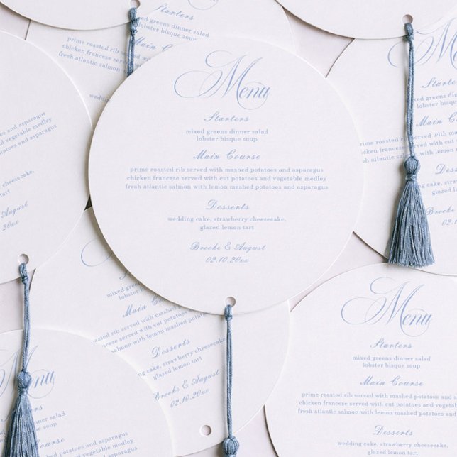 Elegant White and Blue Wedding Menu Circle Card (Von Creator hochgeladen)