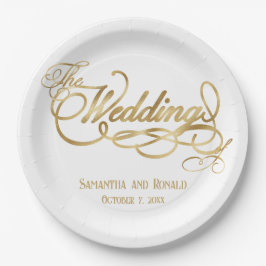 Elegant White and Faux Gold Calligraphy Wedding Pappteller