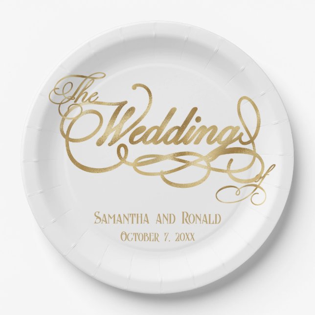 Elegant White and Faux Gold Calligraphy Wedding Pappteller (Vorderseite)