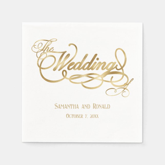 Elegant White and Faux Gold Calligraphy Wedding Serviette (Vorderseite)