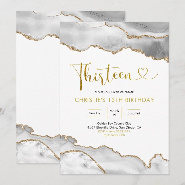 Elegant White and Gold Agate Thirteen Birthday Inv Einladung (Vorne/Hinten)