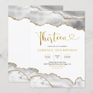 Elegant White and Gold Agate Thirteen Birthday Inv Einladung
