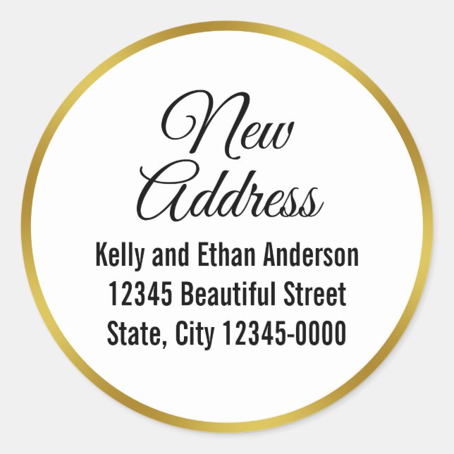 Elegant White and Imitate Gold Neue Adresse Runder Aufkleber (Vorderseite)
