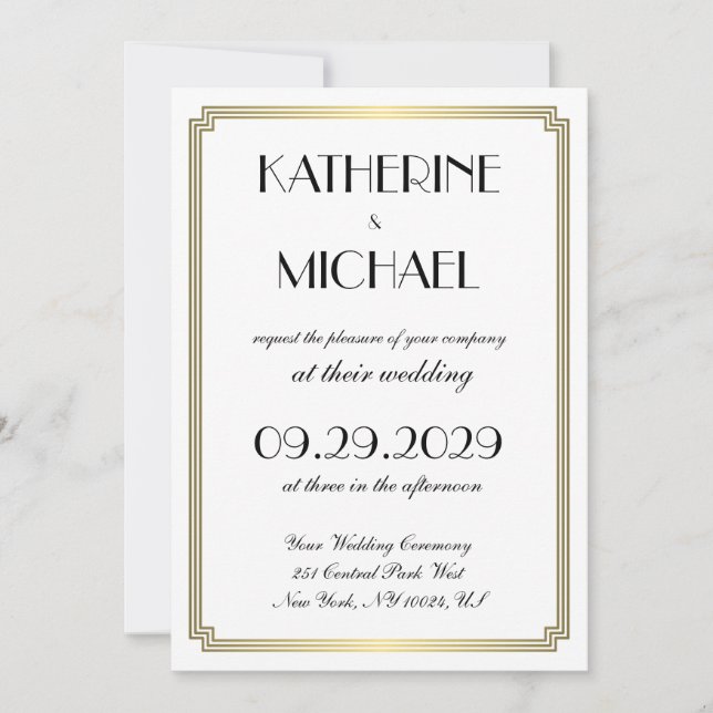 Elegant White Art Deco Wedding Invitations Einladung (Vorderseite)