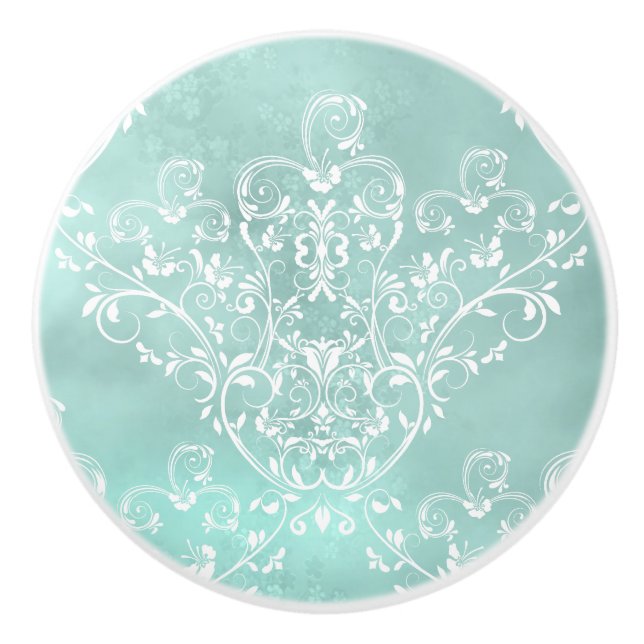Elegant White auf Aquamarin Damask Keramikknauf (Vorderseite)