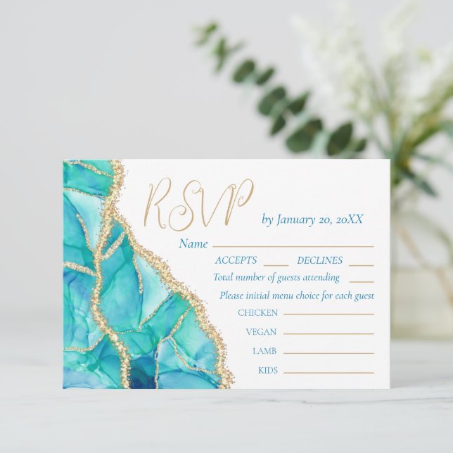 Elegant White Blue Gold Glitter Wedding menu RSVP Karte (Stehend Vorderseite)