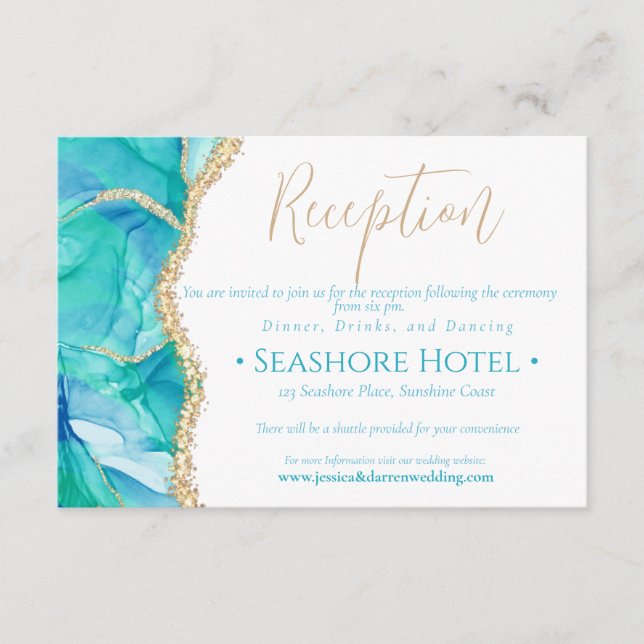 Elegant White Blue Gold Glitter wedding reception Begleitkarte (Vorderseite)