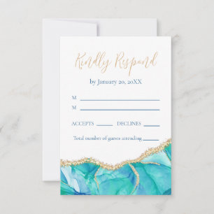 Elegant White Blue Gold Glitter Wedding RSVP Karte