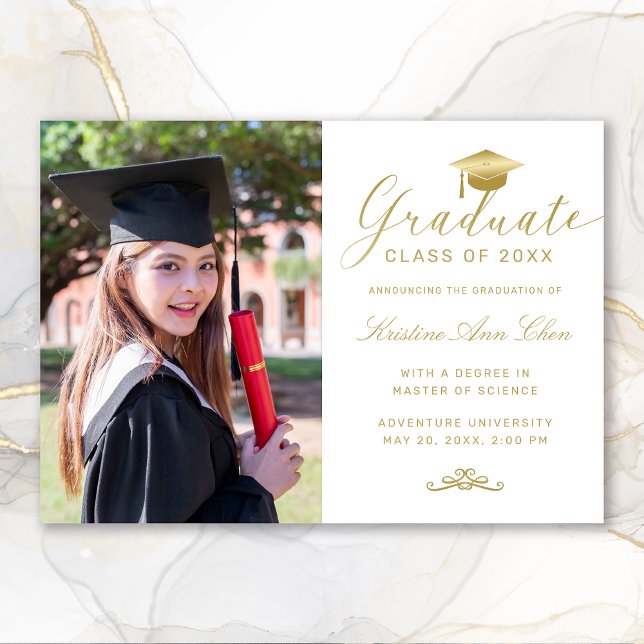 Elegant White Blue Gold Script Photo Graduation Ankündigung (Elegant White Gold Calligraphy Photo Graduation Announcement)