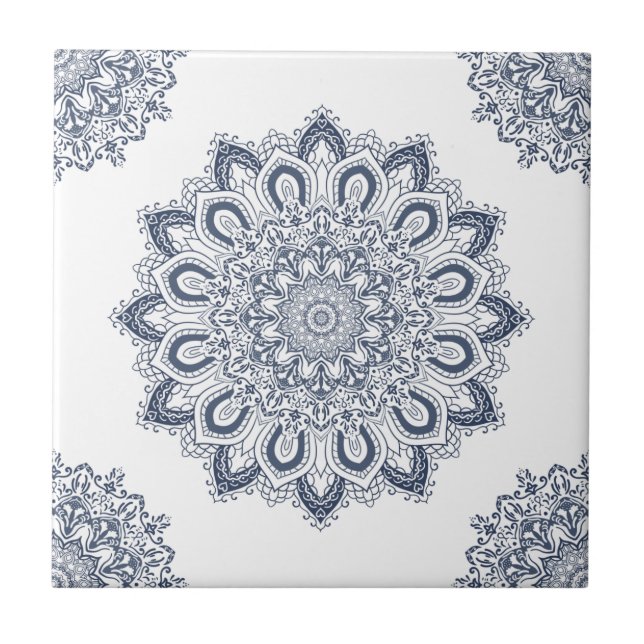 Elegant White Blue Mandala Fliese (Vorderseite)