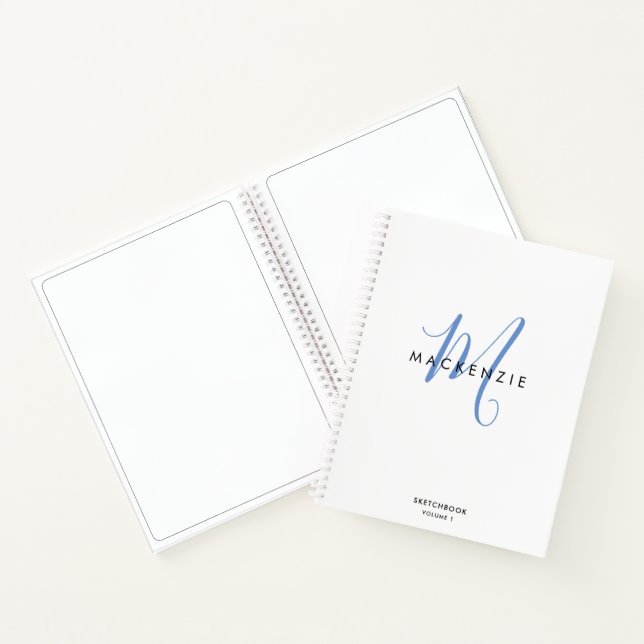 Elegant White Blue Script Monogram Sketchbook Notizbuch (Innenseite)