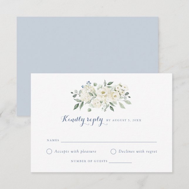 Elegant White Blume Dusty Blue Wedding RSVP Einladung (Vorne/Hinten)
