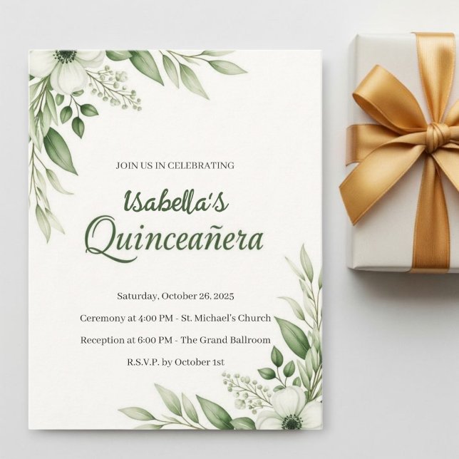 Elegant White Botanical Quinceañera Invitations Einladung (Von Creator hochgeladen)
