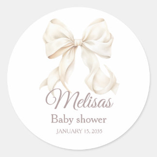 Elegant White Bow Baby Shower  Classic Round Stick Runder Aufkleber