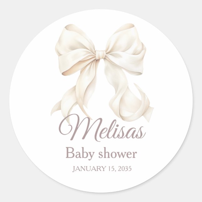Elegant White Bow Baby Shower  Classic Round Stick Runder Aufkleber (Vorderseite)