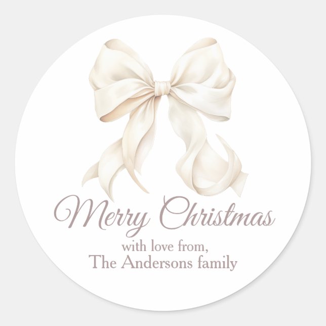 Elegant White Bow Merry Christmas  Runder Aufkleber (Vorderseite)