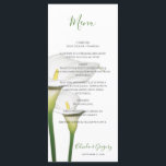 Elegant White Calla Lilies Wedding Menükarte<br><div class="desc">Dieses elegante Blumendesign besticht durch weiße Calla-Lilien. Die schönen weißen Calla-Lilien sind mit ihren grünen Stielen vervollständigt. Die Namen der Braut und des Bräutigams sind farblich auf die grünen Stiele der Calla Lilie Blume abgestimmt. Das elegante, blumengeschmückte Hochzeitsdesign eignet sich ideal für jedes Hochzeitsthema. Elegantes calla lily Blume Hochzeitsmenü-Kartendesign mit...</div>