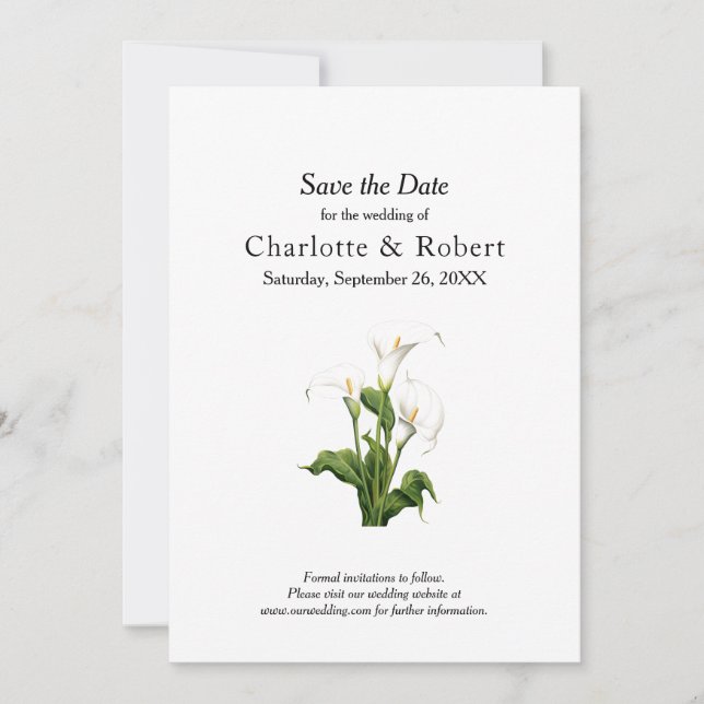 Elegant White Calla Lily Save The Date (Vorderseite)