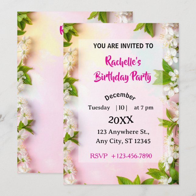 Elegant White Cherry Blossom Floral Birthday Einladung (Vorne/Hinten)