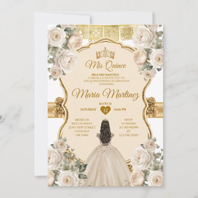 Elegant White Cream Floral Prinzessin Quiñceanera Einladung (Vorderseite)