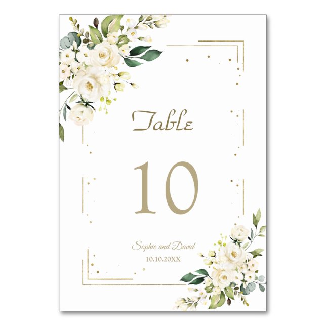 Elegant White Cream Flowers Gold Glitter Wedding Tischnummer (Vorderseite)