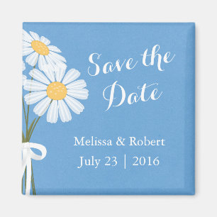 Elegant White Daisies Blue Save the Date Wedding Magnet