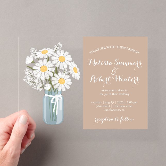 Elegant White Daisies Mason Jar Wedding Beige Acryleinladungen (Insitu (Handheld))