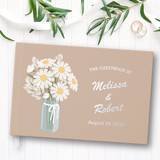 Elegant White Daisies Mason Jar Wedding Foil Beige Gästebuch (Von Creator hochgeladen)