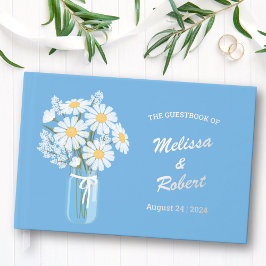 Elegant White Daisies Mason Jar Wedding Foil Blue Gästebuch