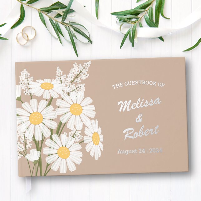 Elegant White Daisies Rustic Wedding Foil Beige Gästebuch (Von Creator hochgeladen)