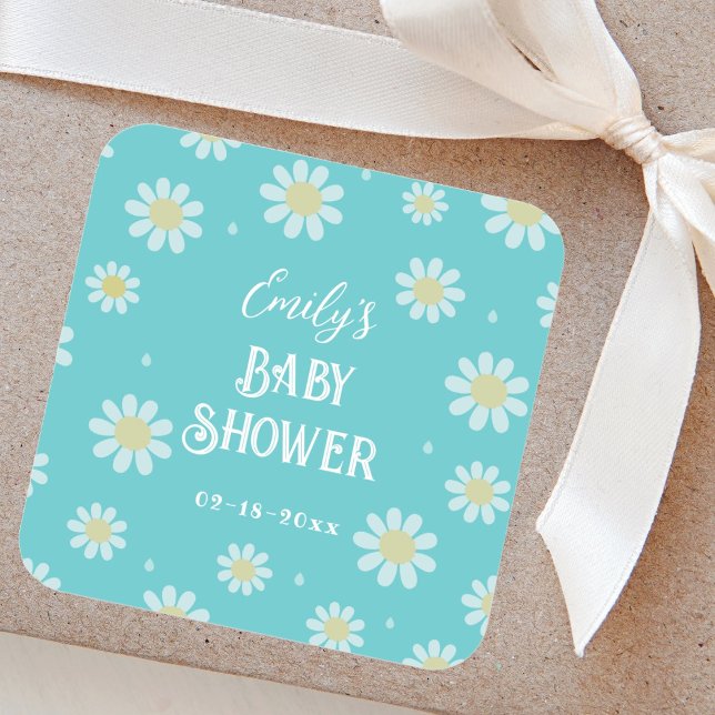 Elegant White Daisies Spring Floral Baby Shower Quadratischer Aufkleber (Von Creator hochgeladen)