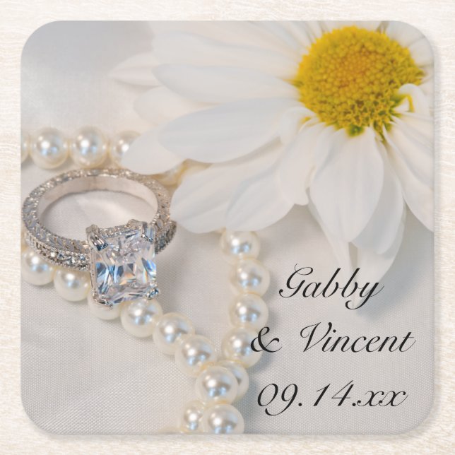 Elegant White Daisy Wedding Rechteckiger Pappuntersetzer (Vorderseite)