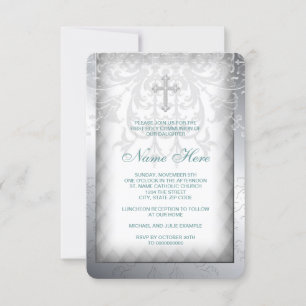 Elegant White Damask Cross First Communation Einladung