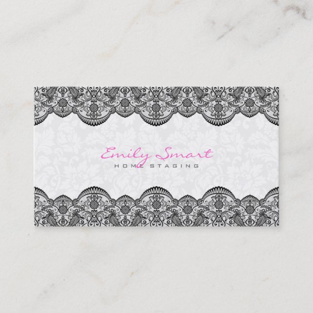 Elegant White Damasks Black Lace Visitenkarte (Vorderseite)