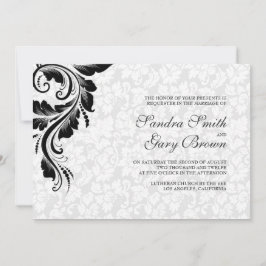 Elegant White Damasks Black Lace Wedding Einladung