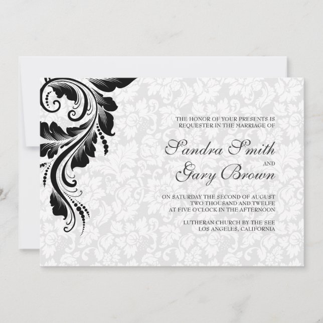 Elegant White Damasks Black Lace Wedding Einladung (Vorderseite)