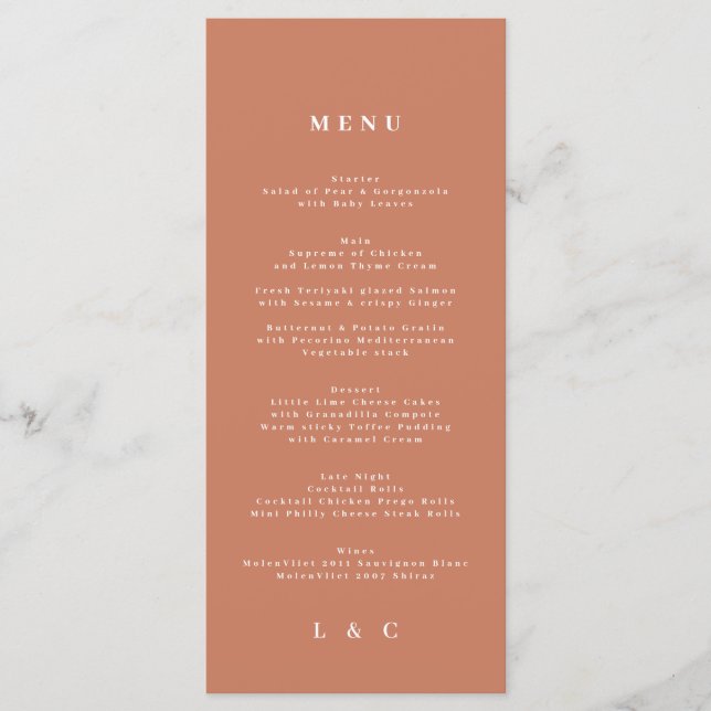 Elegant White Dusty Orange + Terracotta Monogram Menükarte (Vorderseite)
