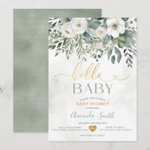 Elegant White Eucalyptus Floral Hello Baby Shower Einladung