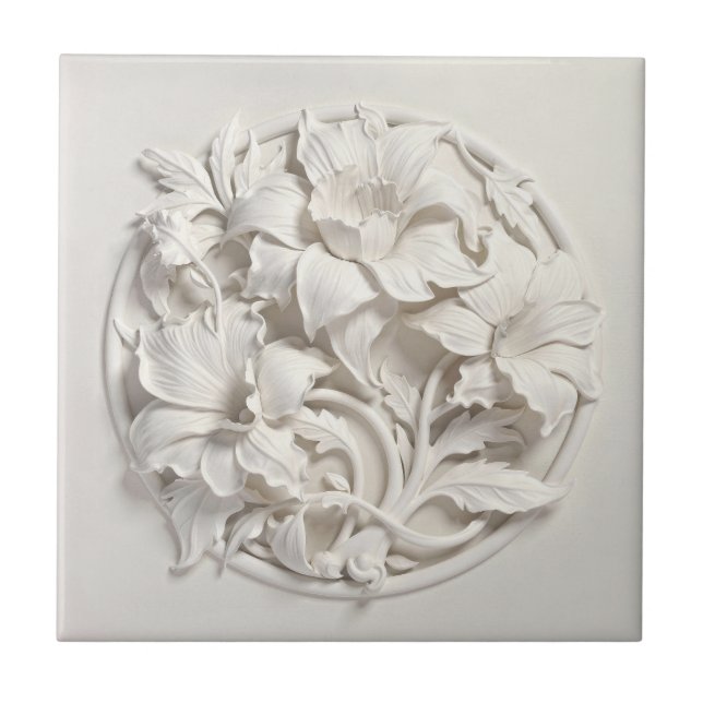 Elegant White Faux Relief Flowers Fliese (Vorderseite)