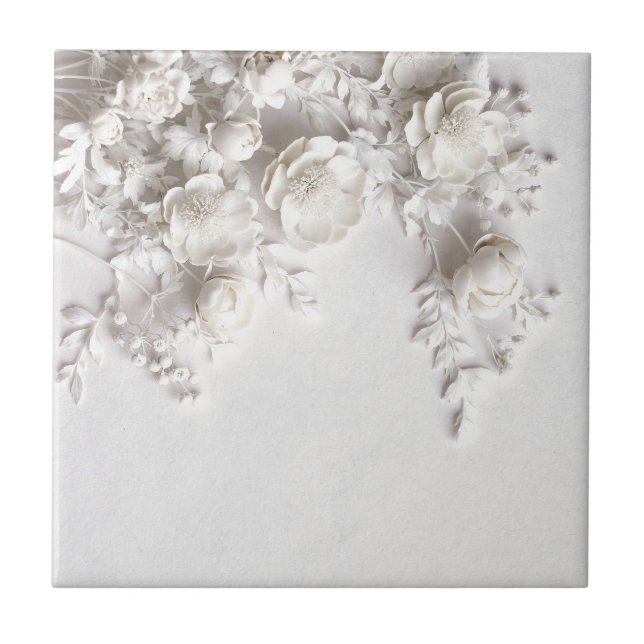 Elegant White Faux Relief Roses Fliese (Vorderseite)